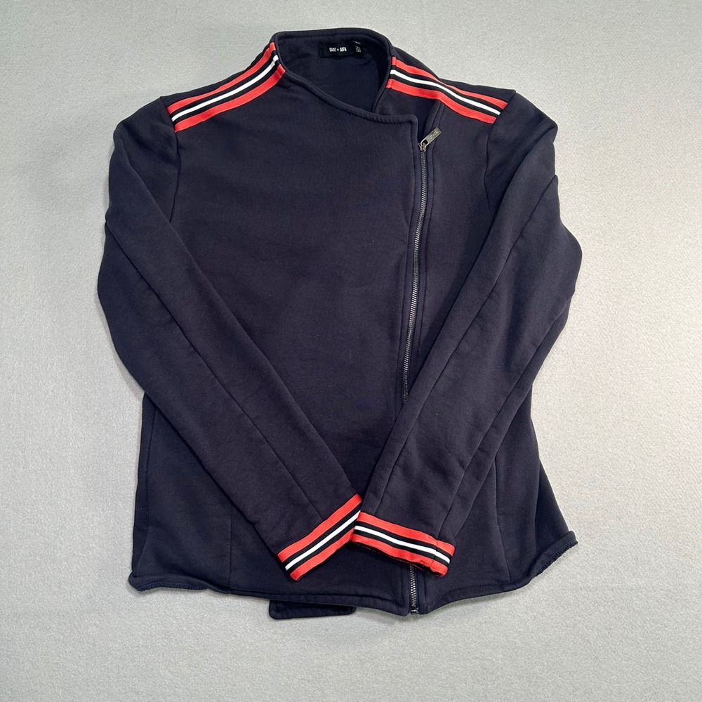 Saint + Sofia Jacket Womens 12 Navy Blue Striped Asymmetrical Organic Cotton Zip